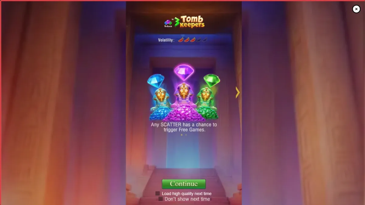 Tampilan visual slot 3 Tomb Keepers dengan latar belakang makam Mesir Kuno