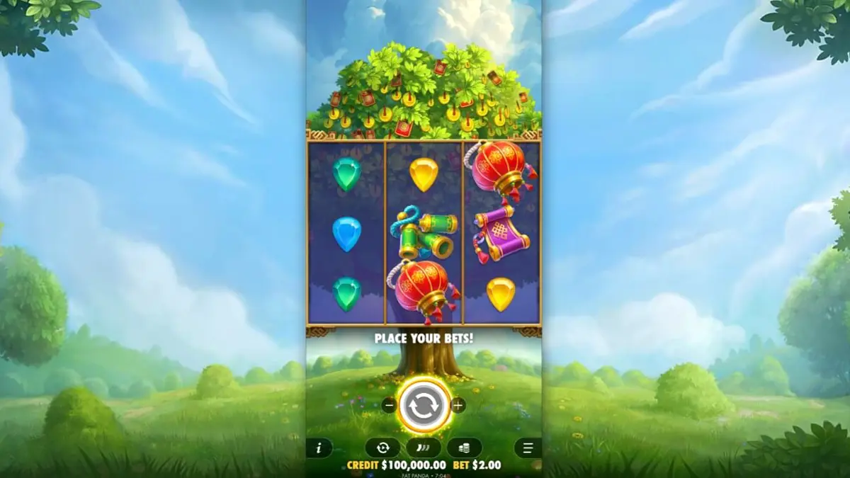 Pemandangan visual slot Lucky Fortune Tree dengan latar belakang lembah Asia yang tenang dan pohon emas.
